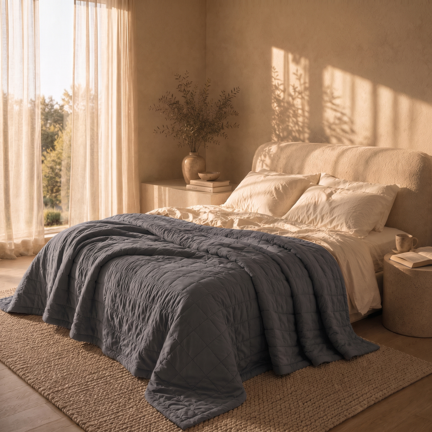 Couverture lestée RECOORA grise installée sur un lit dans une chambre chaleureuse.