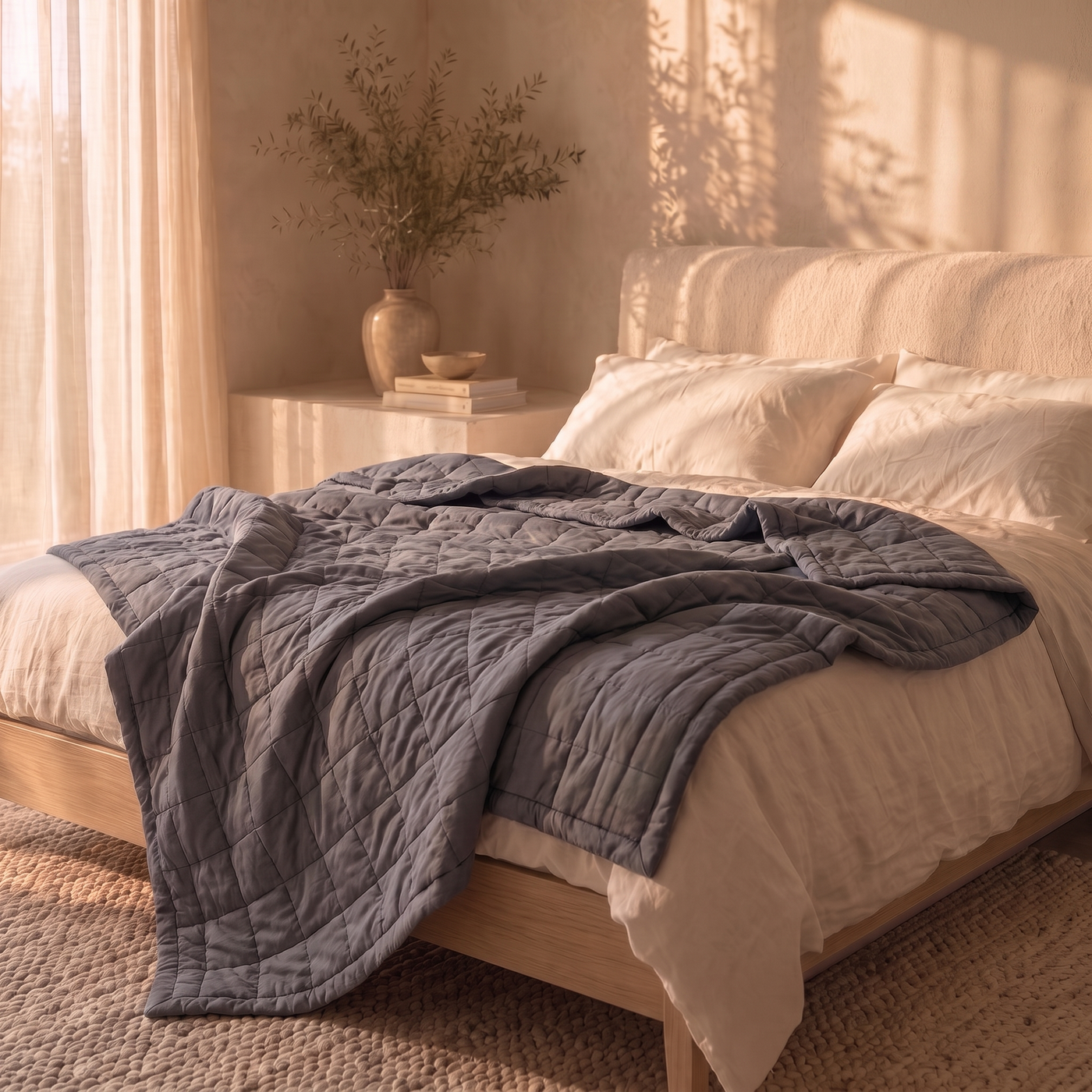 Couverture lestée RECOORA présentée dans une chambre élégante évoquant le rituel du soir.